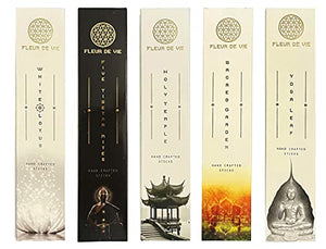 Fluer de Vie Incense Sample Pack | White Lotus, Five Tibetan Rites, Holy Temple, Sacred Garden, Yoga Leaf | 5 Scents | Each 15gms Packs - 75 GMS Total