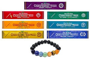 Kundalini - Om Ah Hum Chakra Incense Set with Chakra Bracelet | All 7 Chakras | 19 Sticks per Chakra | Bracelet has Real Semi Precious Stones Each Representing Each Chakra