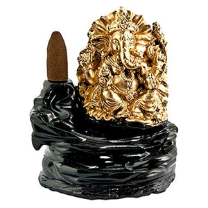 GOLOKA Lord Ganesha with 4 Hands Seated On Lotus Throne with Blue Backflow Cone Incense Burner Statue 5" Tall Hinduism God of Wisdom Success and Prosperity Altar