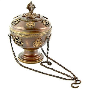 Tibetan Symbol Hanging Censer Burner Antique - 7"H