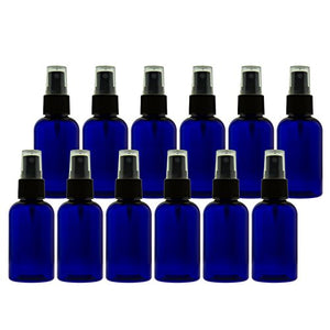 Spray Bottles For Essential Oils: 2 oz (60ml) Cobalt Blue PET Plastic Bottles Refillable, Boston Round, Great for DIY Projects, Set of 12 with Mist Sprayer