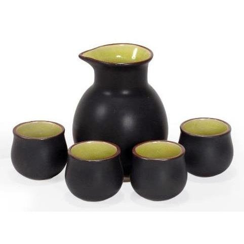 Sake Set - 5 Pieces - Black & Chartreuse - Wood Gift Box