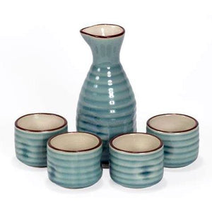 Sake Set - 5 Pieces - Blue - Wood Gift Box With Lid