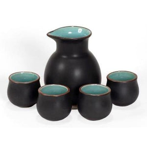 Sake Set - 5 Pieces - Black & Turquiose - Wood Gift Box