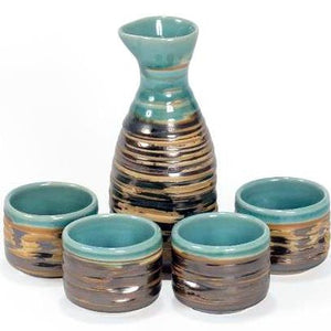 Sake Set - 5 Pieces - Bronze Raku Turquoise