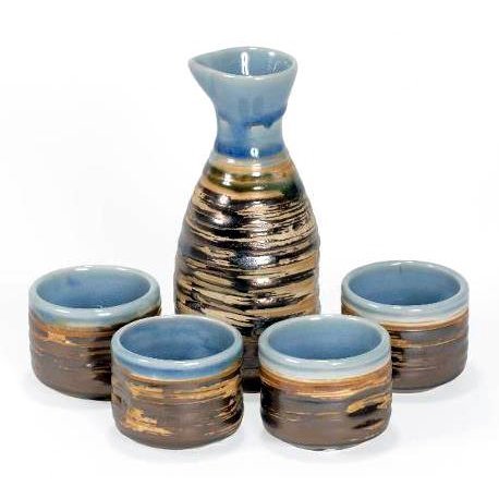 Sake Set - 5 Pieces - Bronze Raku Blue - Wood Gift Box with Lid
