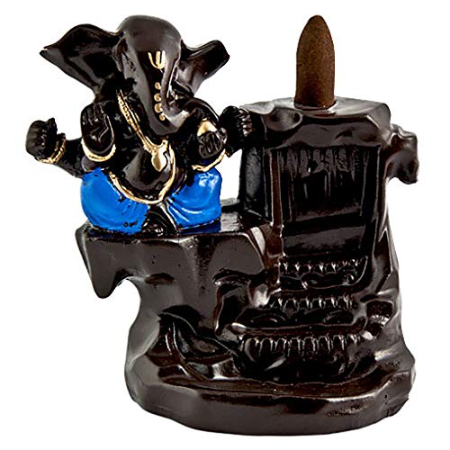 GOLOKA Lord Ganesha with 4 Hands Seated On Lotus Throne with Blue Backflow Cone Incense Burner Statue 5" Tall Hinduism God of Wisdom Success and Prosperity Altar