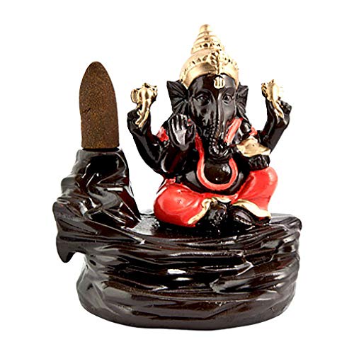 GOLOKA Lord Ganesha with 4 Hands Seated On Lotus Throne with Orange Backflow Cone Incense Burner Statue 3.5" Tall Hinduism God of Wisdom Success and Prosperity Altar