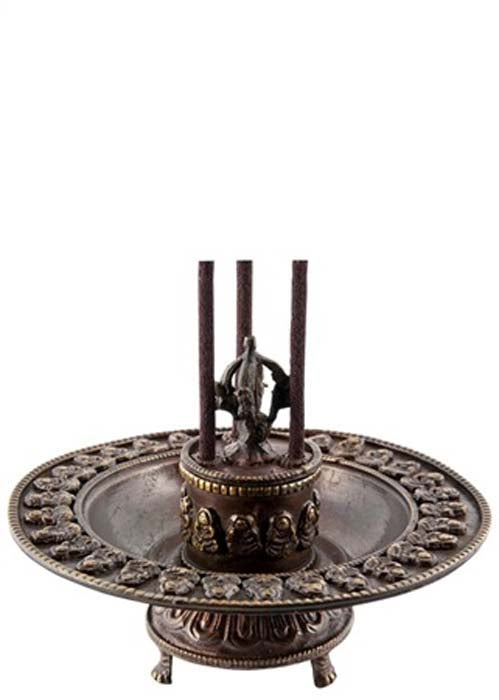 Buddha Tibetan Incense Burner Round Antique - 3.75"H, 5"D