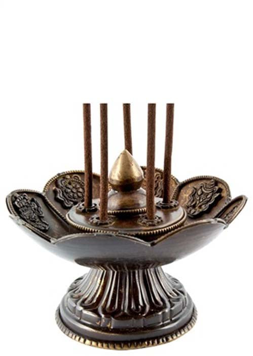 Lotus Tibetan Incense Burner Antique - 3.75"H, 5"D