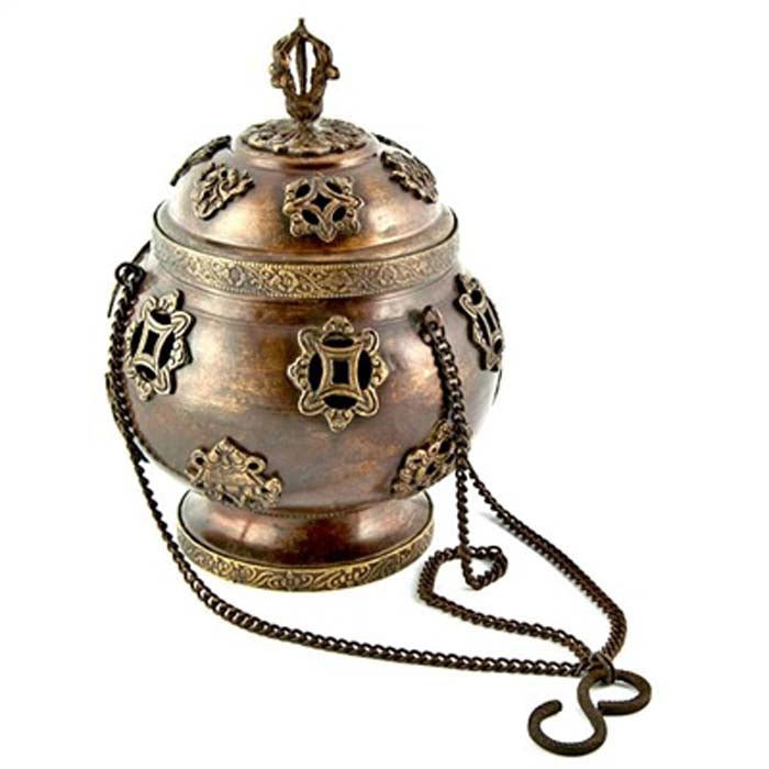 Tibetan Symbol Hanging Censer Burner Antique - 7"H