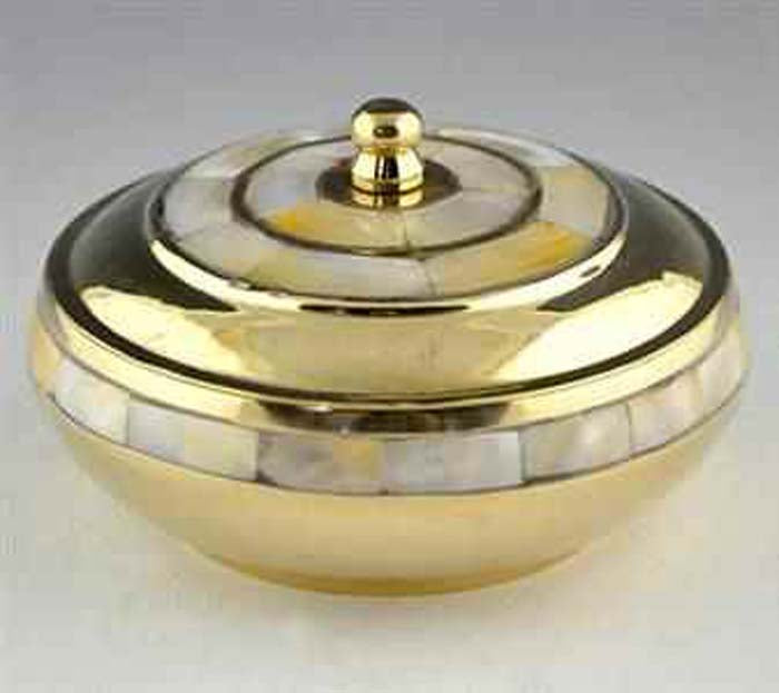 Brass Mother Of Pearl Bowl with Lid - 4"D, 2.25"H