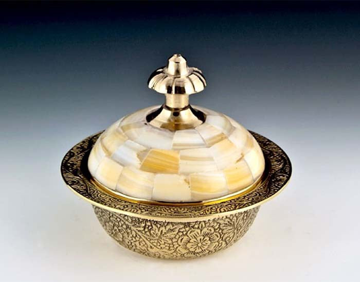 Brass Mother of Pearl Carved Bowl with Lid - 3.5"D, 3"H