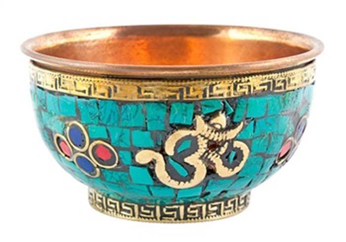 Om Symbol Copper Offering Bowl with Stone Work - 3''D