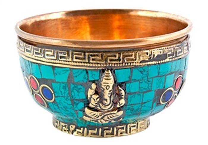 Ganesh Copper Offering Bowl with Stone Work - 3''D