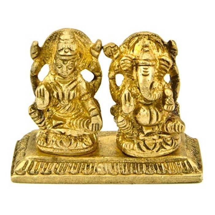 Godess Laxmi & Lord Ganesh Brass Statue - 1.75"H, 2.25"W