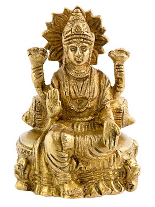 Goddess Laxmi on Throne Brass Statue - 3.5"H, 2.5"W