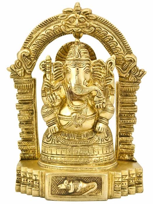 Lord Ganesh Sitting Yellow Ring Brass Statue - 7.5"H, 5"W