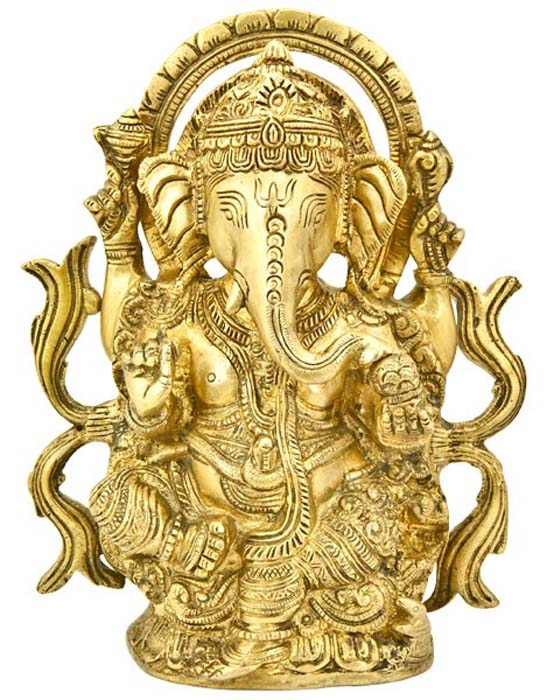 Lord Ganesh Carved Brass Statue - 9"H, 7"W