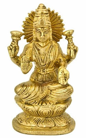 Goddess Laxmi on Lotus Brass Statue - 4.5"H