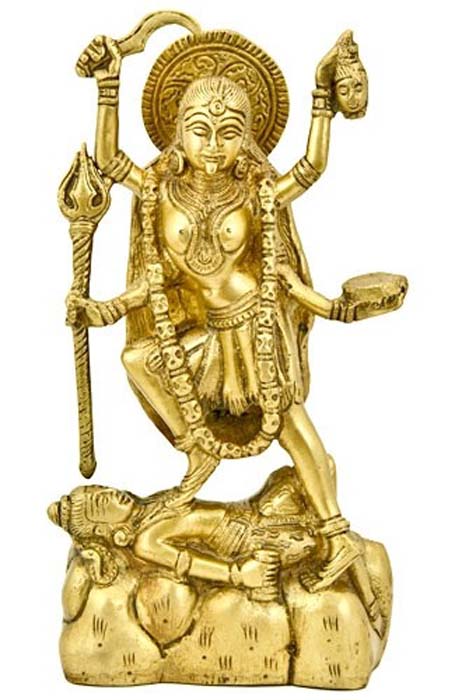 Goddess Kali Standing on Shiva Brass Statue - 8.5"H, 4"W