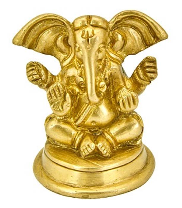 Lord Ganesh Sitting on Round Base Brass Statue - 2.5"H