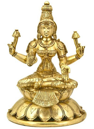 *Goddess Laxmi Sitting on Lotus Brass Statue - 8"H