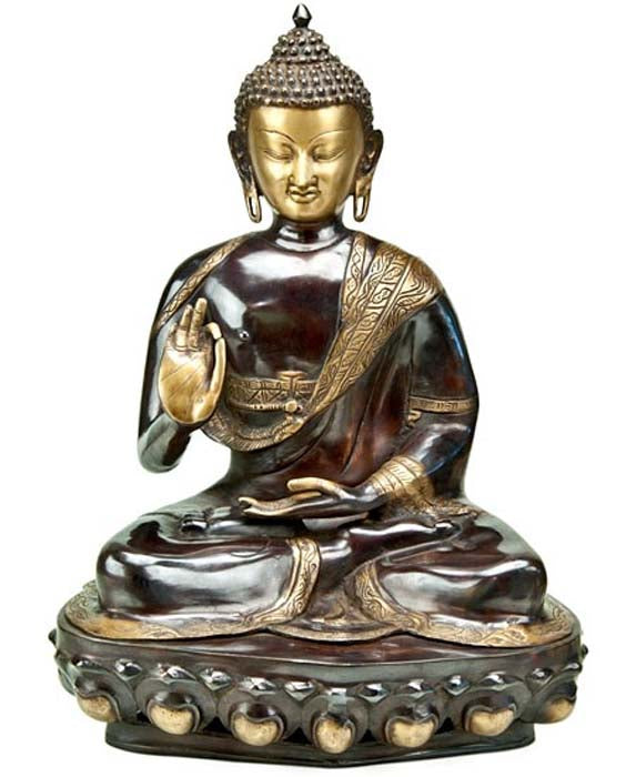 Lord Buddha Sitting Blessing Hand Brass Statue - 21"H, 14.5"W