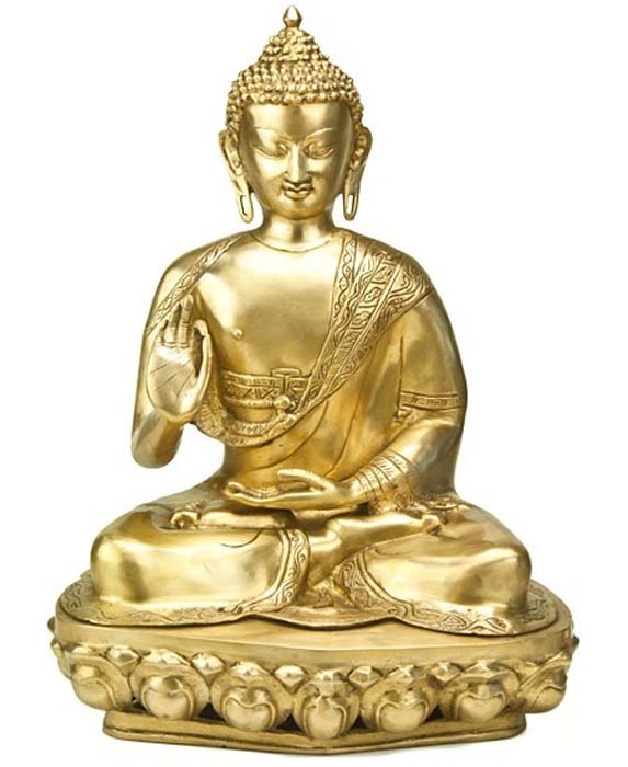 Lord Buddha Sitting Blessing Hand Brass Statue - 21"H, 14.5"W