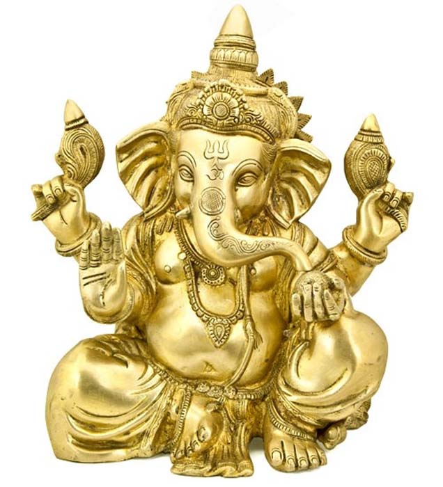 Lord Ganesh Carved Brass Statue - 14"H, 13"W
