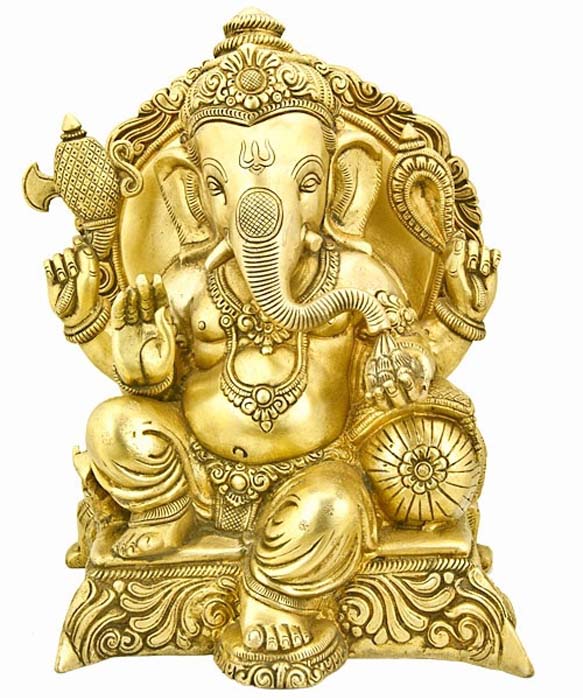 Ganesh Sitting on Throne Carved Brass Statue - 13"H, 10"W