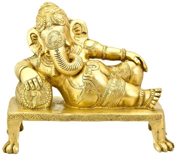 Lord Ganesh with Pillow Carved Brass Statue - 12"W, 10"H