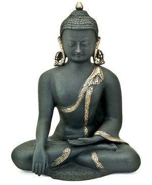 Lord Buddha in Black & Gold Look Brass Statue - 12.5"H, 9.5"W