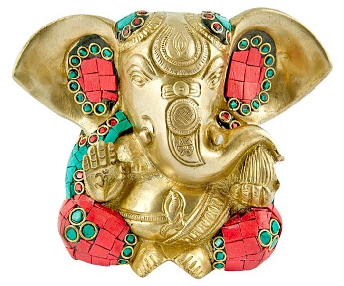 Lord Ganesh Carved with Big Ear Brass Statue - 3"H, 3.5"W