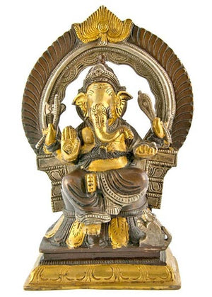 3 Tone Lord Ganesh Brass Statue - 9"H, 6"W