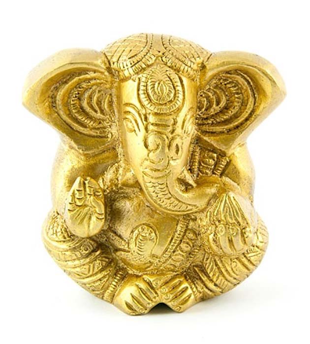 Lord Ganesh Carved Brass Statue - 3"H, 2.75"W