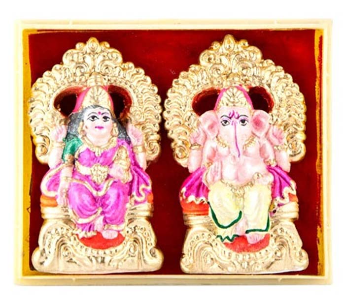 Ganesh & Laxmi Pair Clay Statue - 2.25"H