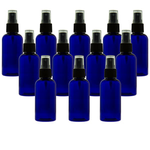 2 oz (60ml) Cobalt Blue PET Bottles Refillable - Boston Round Spray Bottles - Set of 12 with 12 Mist Spray