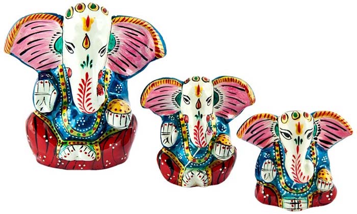 Lord Ganesh Hand Painted Lacquer Statue - 1.75", 2", 2.75"h (Set  of 3)