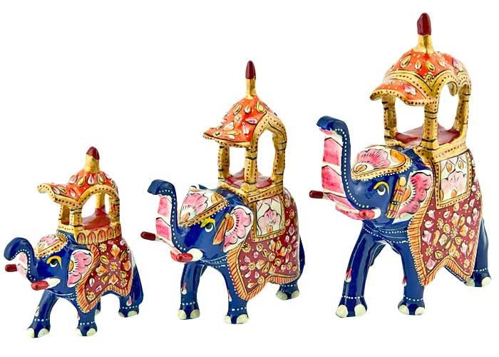 Pieces Royal Elephant Hand Painted Lacquer Statue Set -  3.5", 5", 5.5"H