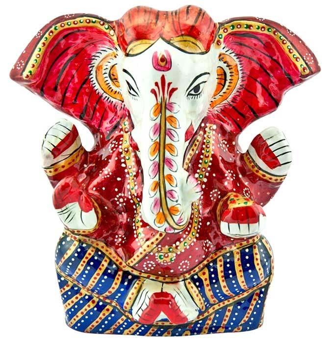 Lord Ganesh Hand Painted Lacquer Statue - 5"H, 5.5"W