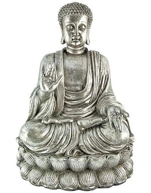 Lord Buddha Polystone Statue Antique Silver - 24"H, 16"W (#75542)