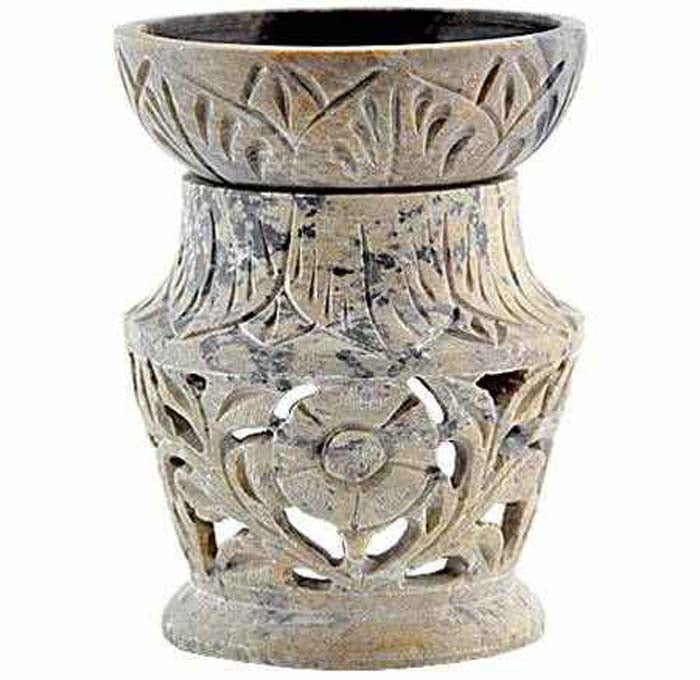 *Floral Carved Soapstone Aroma Lamp - 4.5"H