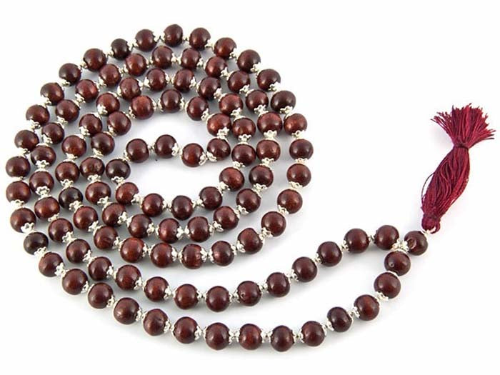7 Red Sandalwood With Silver Caps Prayer Mala - 8mm