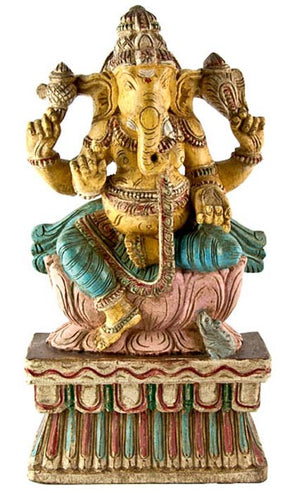 GANESH-04 Lord Ganesh Wooden Statue Antique - 18"H