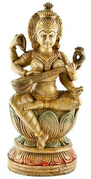 SARASWATI-02 Goddess Saraswati Wooden Statue Antique - 18"H