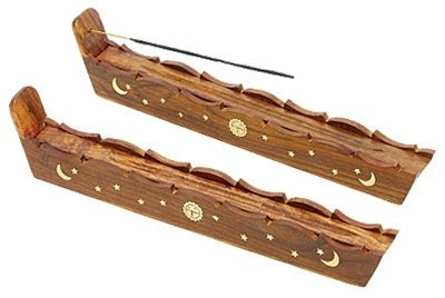 2 Pieces Celestial Flip Top Wooden Incense Box Burner Set - 14"L