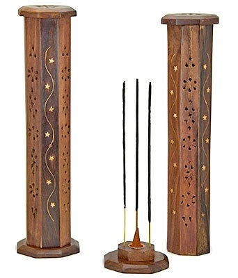 Brass Inlay with Jali Wooden Tower Burner for Sticks & Cone - 12"H - Sold as as Set of  2