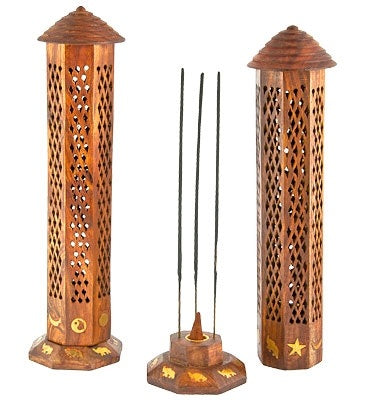 Brass Inlay with Jali Wooden Tower Sticks/Cone Burner - 12"H - Sold as as Set of  2