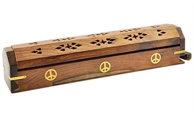 Peace Sign Wooden Incense Box Burner - 12"L - Sold as as Set of  2